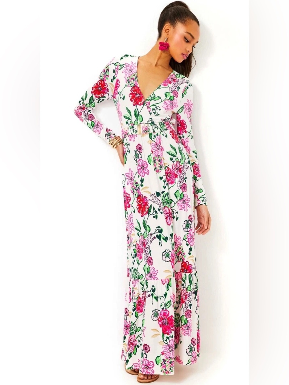 Lilly Pulitzer White Maxi Dress with Pink & Green Floral Print EUC